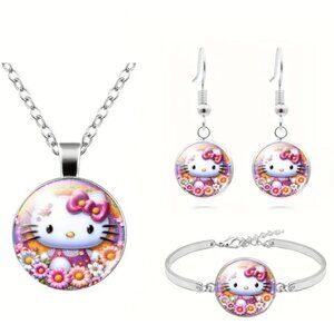 Hello Kitty 3Pc Jewelry Set Silver Pink Flower Accent Charm Bracelet Necklace
